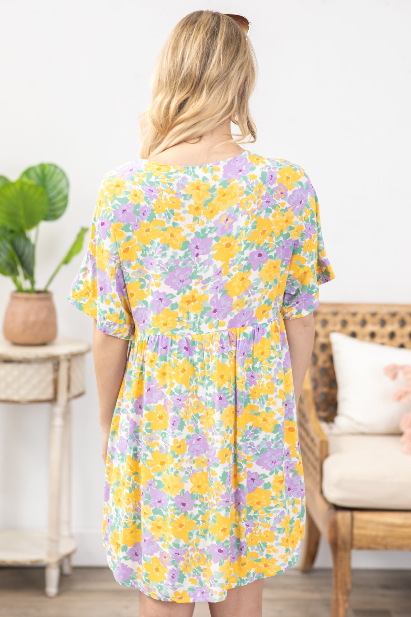 Lavender And Yellow Floral V-Neck Dress