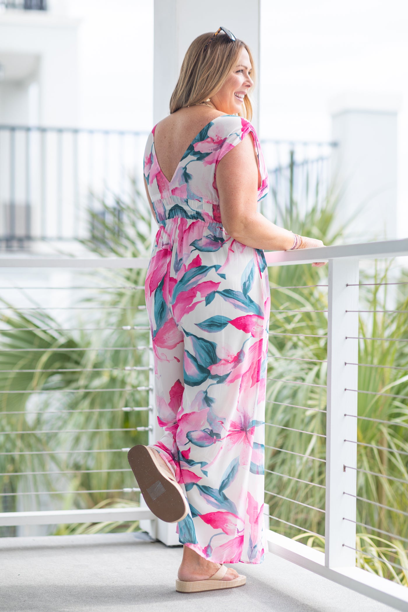 Pink Tropical Floral Print Chiffon Jumpsuit