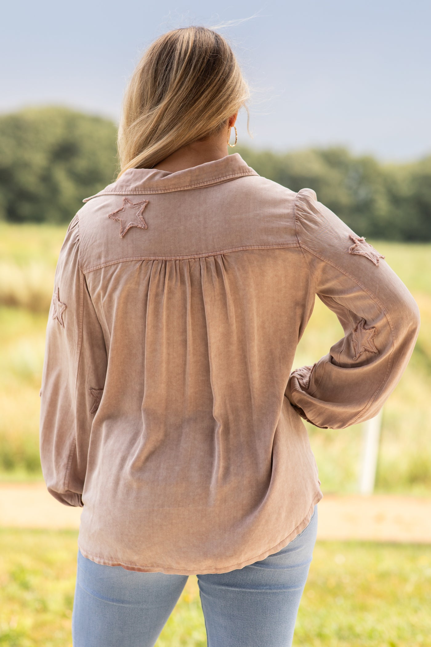 Mauve Star Patch Washed Button Down Top