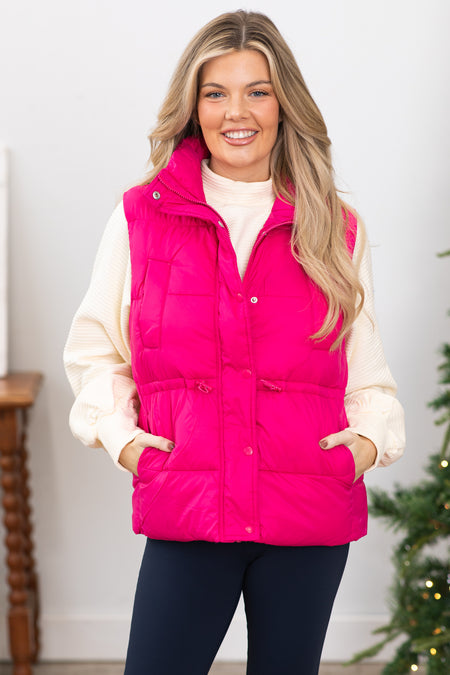 Hot Pink Channel Quilted Puffer Vest