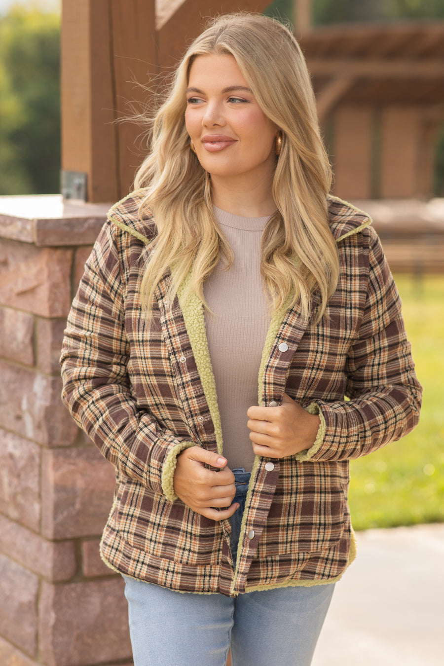 Light Olive Reversible Plaid and Sherpa Jacket