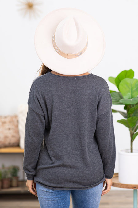 Graphite V-Neck Raw Edge Sweater - Filly Flair