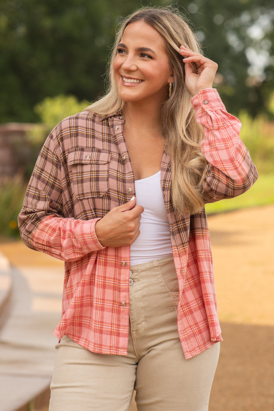 Brown Dip Bleached Plaid Woven Shirt