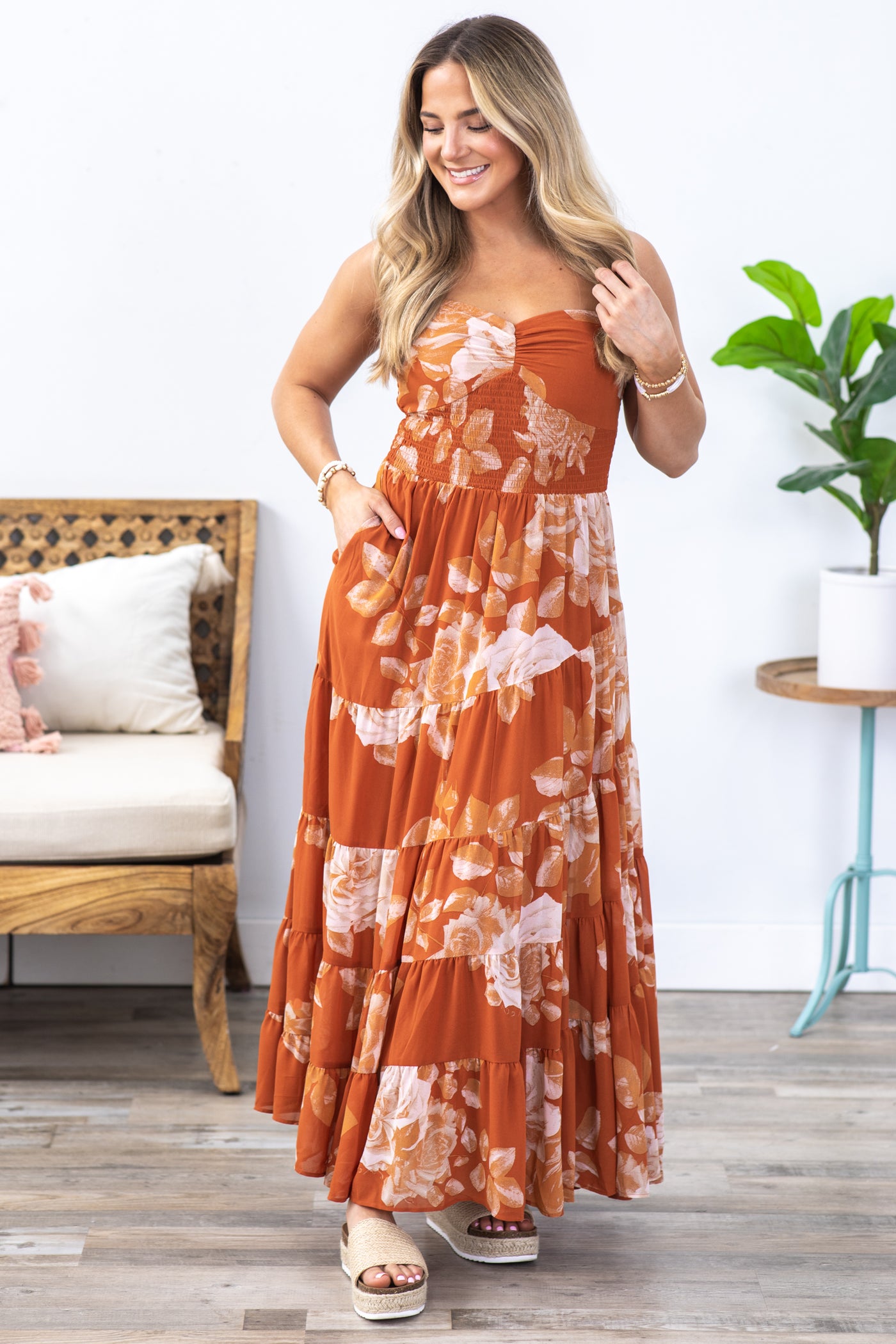 Burnt Orange Floral Spiral Tiered Maxi Dress