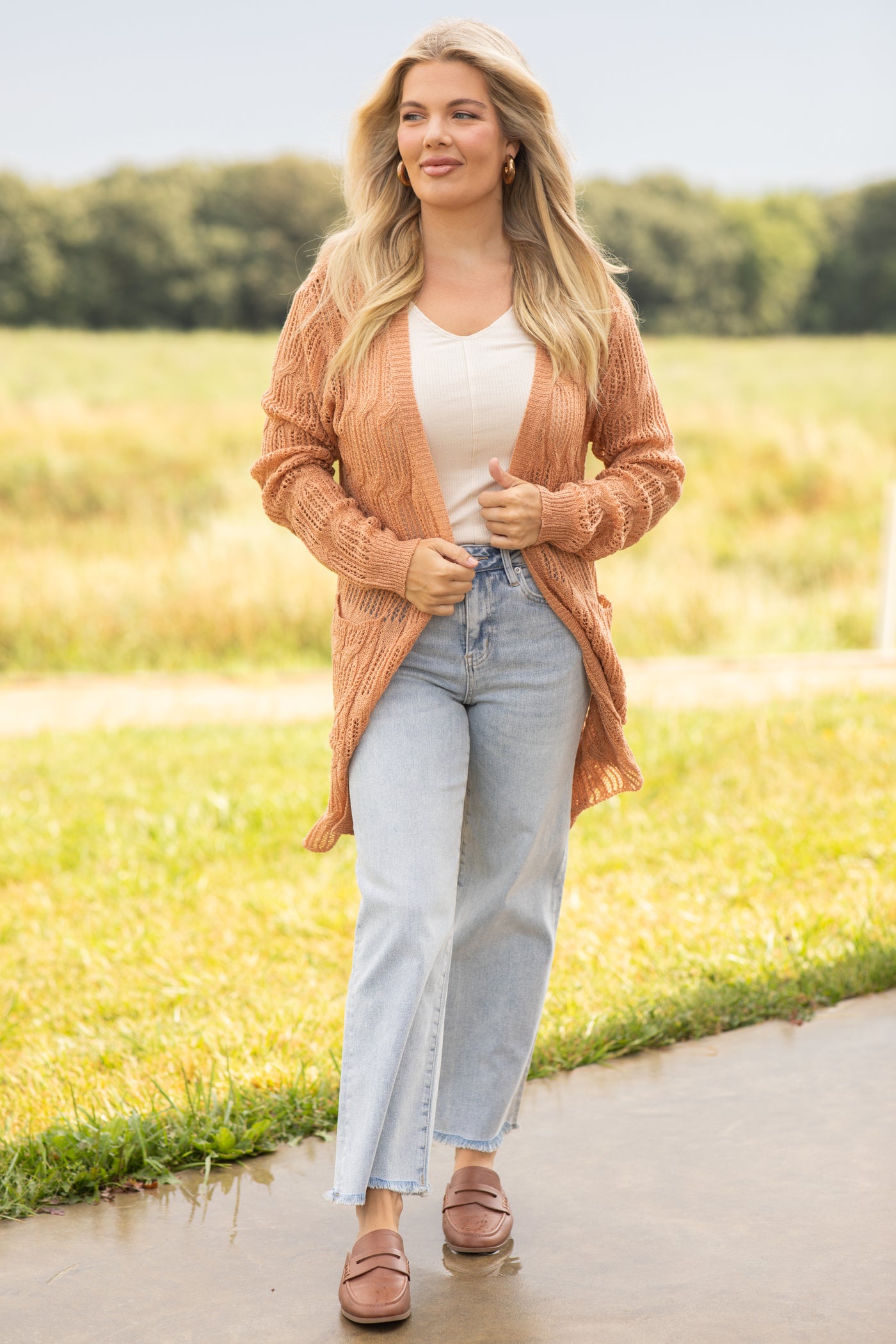 Tan Pointelle Cardigan With Pockets