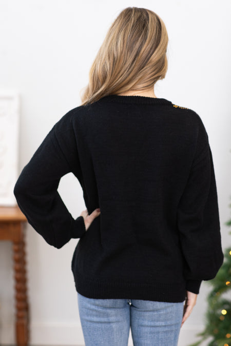 Black Sequin Detail Balloon Sleeve Sweater