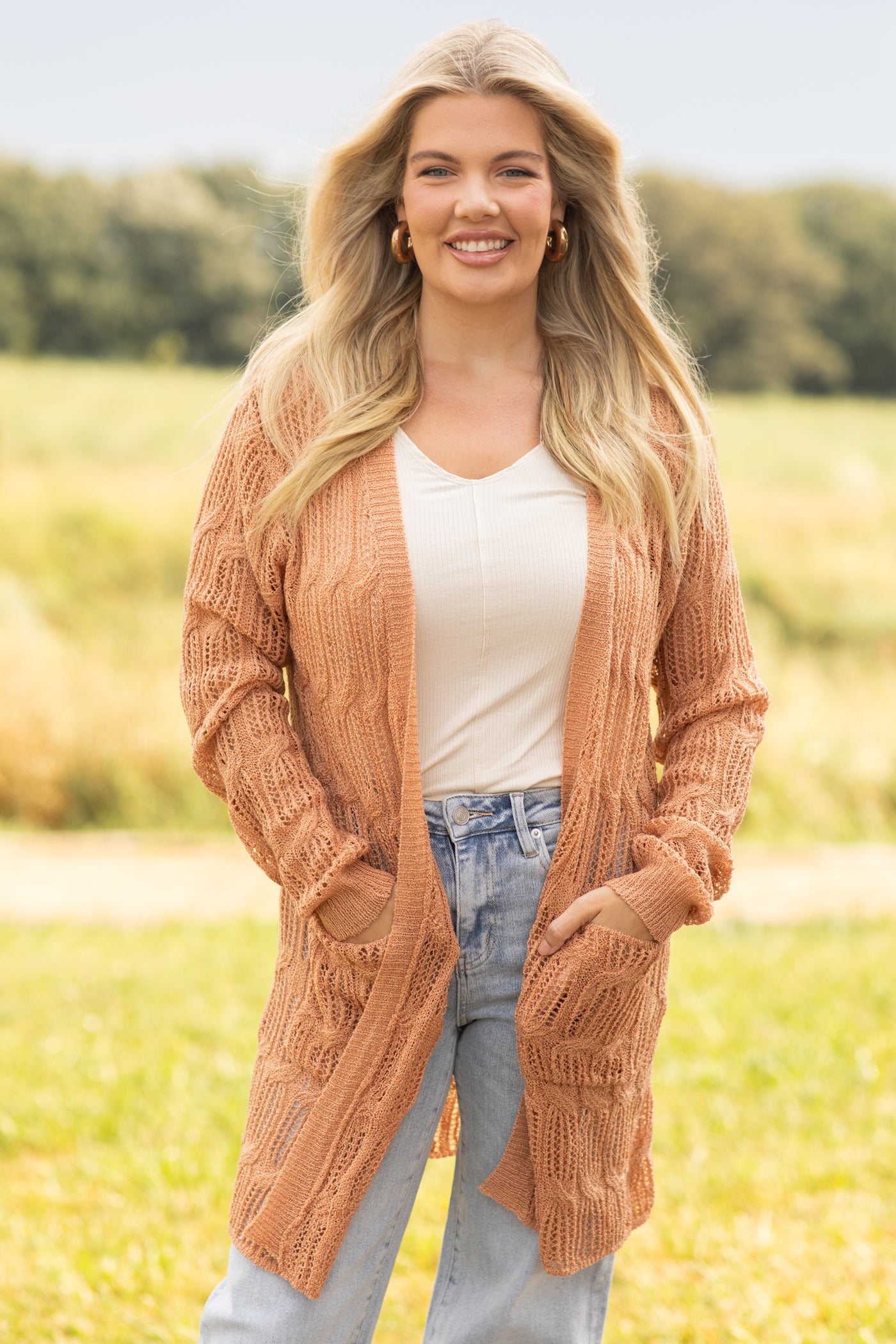 Tan Pointelle Cardigan With Pockets