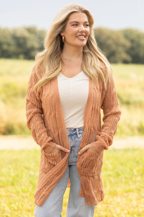 Tan Pointelle Cardigan With Pockets