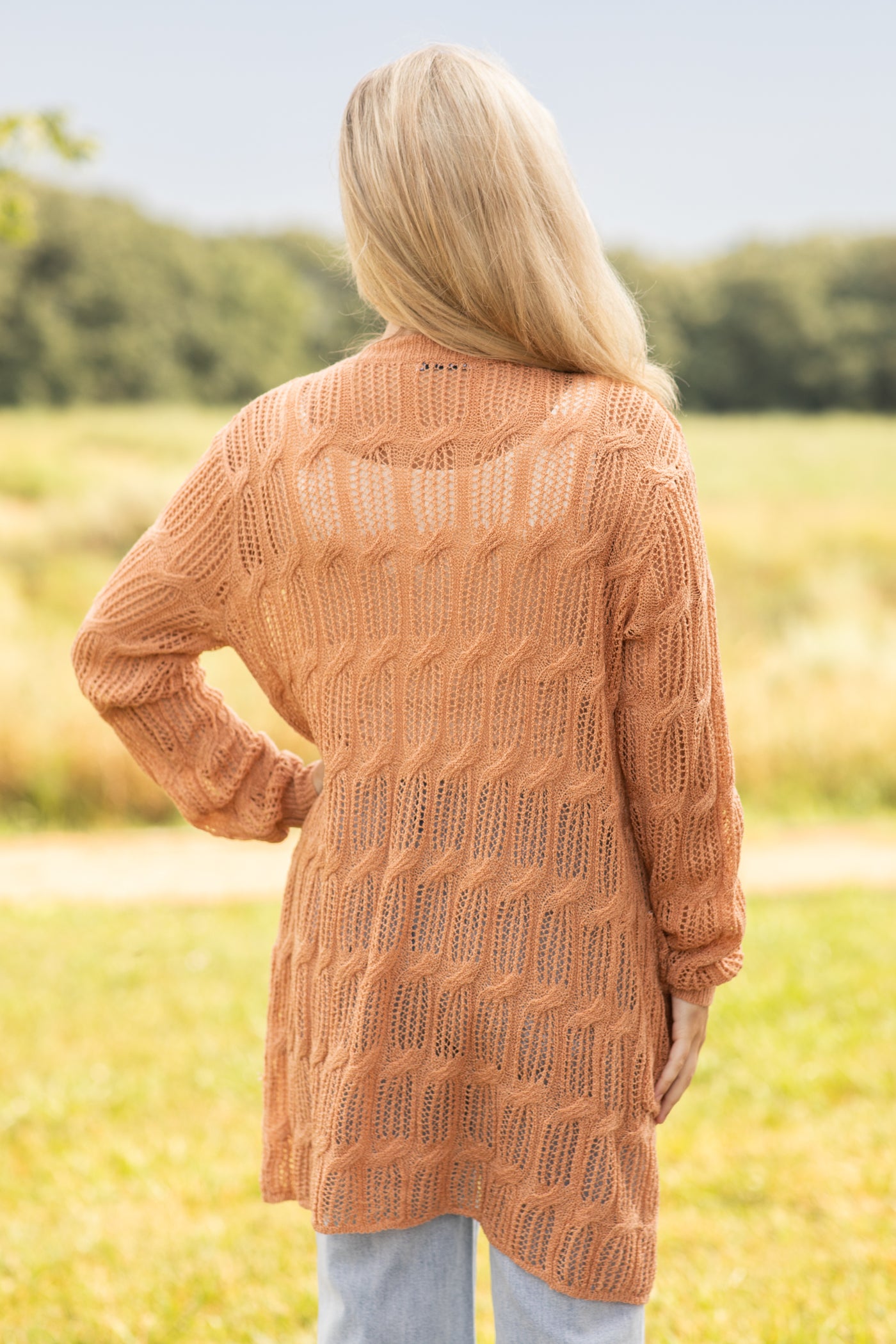 Tan Pointelle Cardigan With Pockets