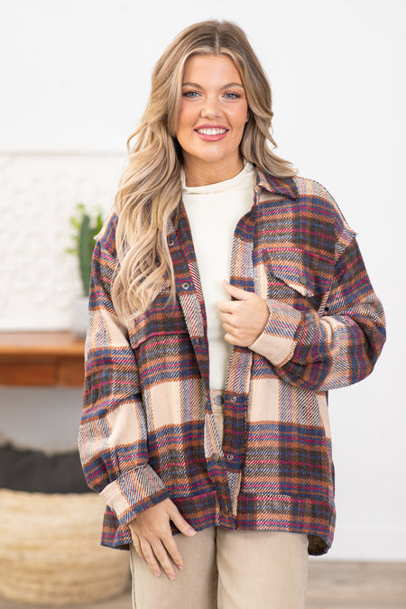 Brown and Tan Multicolor Plaid Shacket