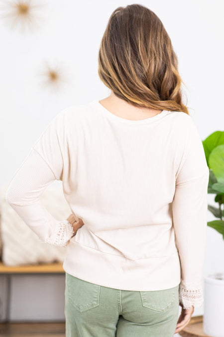 Cream Scalloped Crochet Trim V-Neck Top - Filly Flair