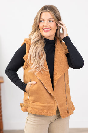 Camel Faux Suede Sherpa Lined Vest