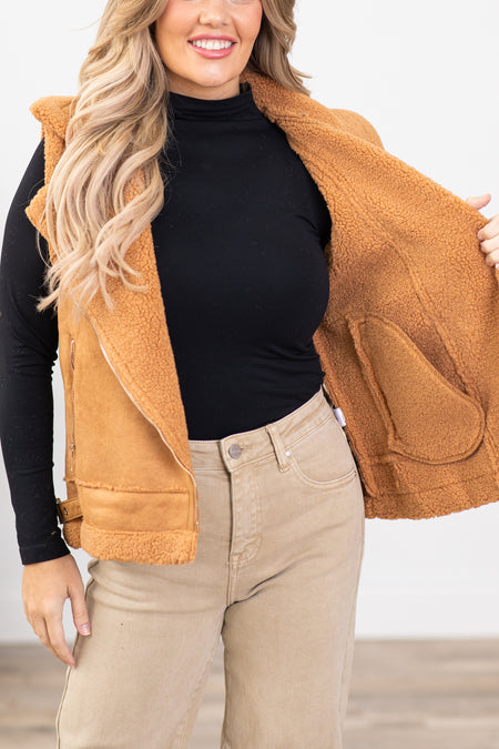 Camel Faux Suede Sherpa Lined Vest