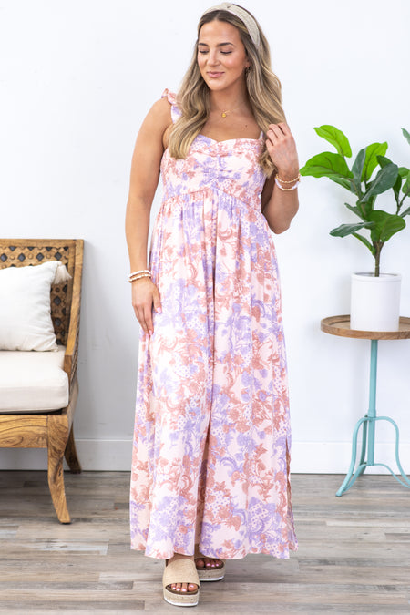 Peach Paisley Floral Smocked Maxi Dress