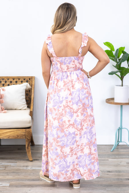 Peach Paisley Floral Smocked Maxi Dress