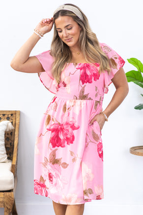 Baby Pink Floral Print Chiffon Smocked Dress