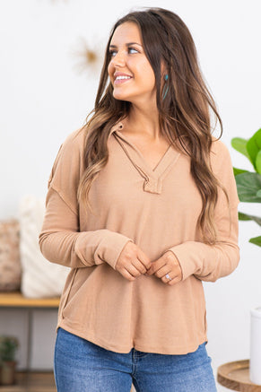 Light Mocha V-Neck With Collar Detail - Filly Flair