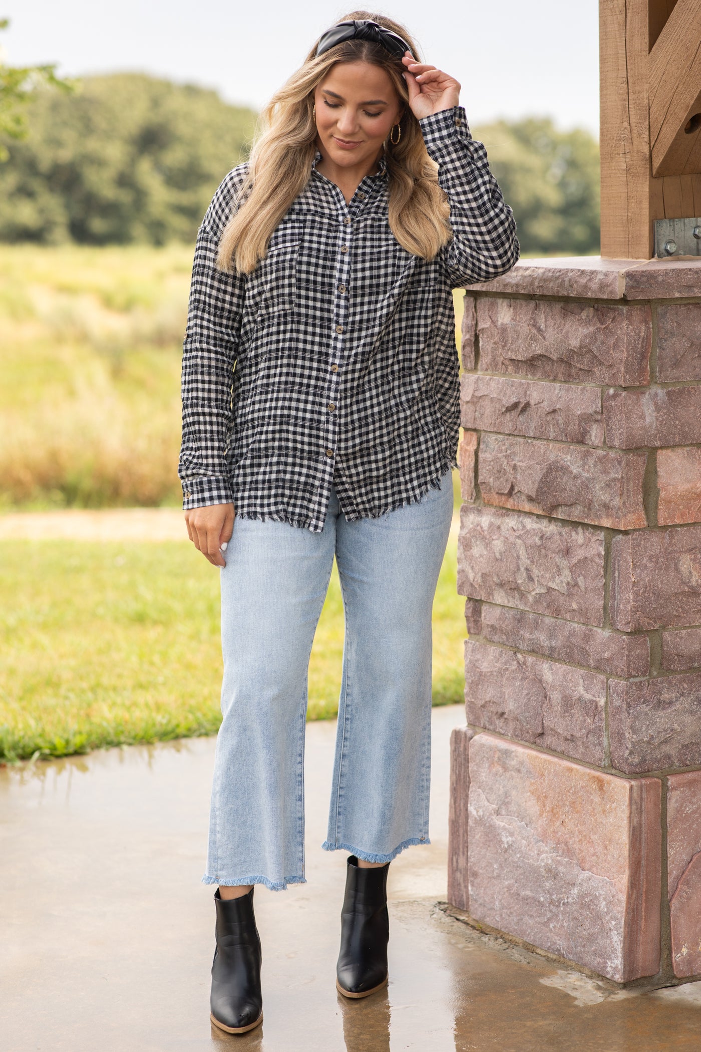 Black Collared Button-Up With Raw Hem