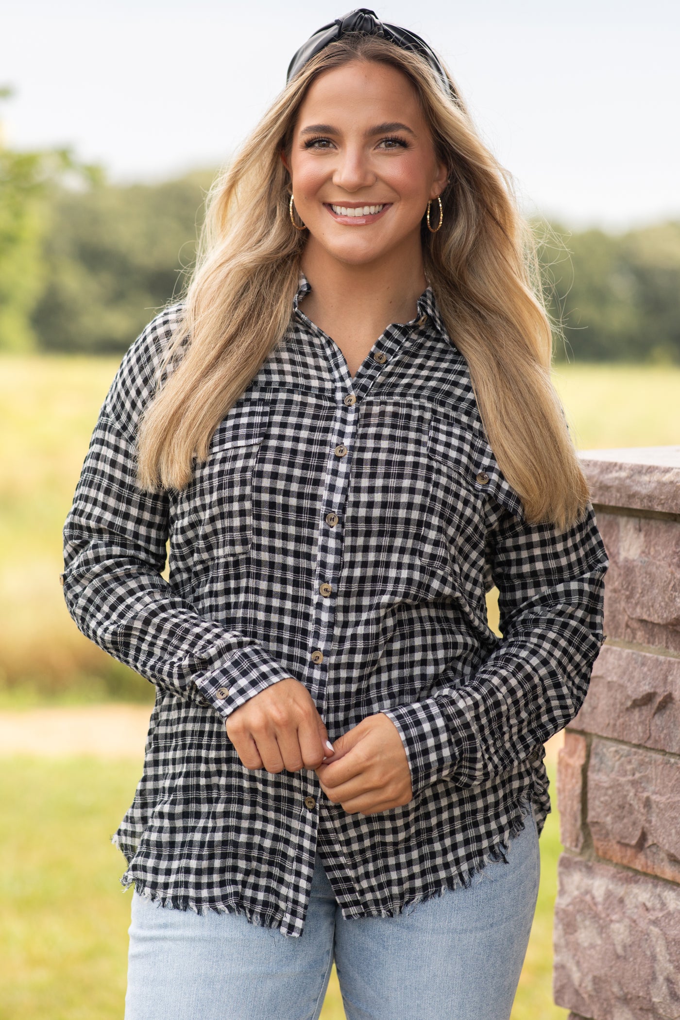 Black Collared Button-Up With Raw Hem