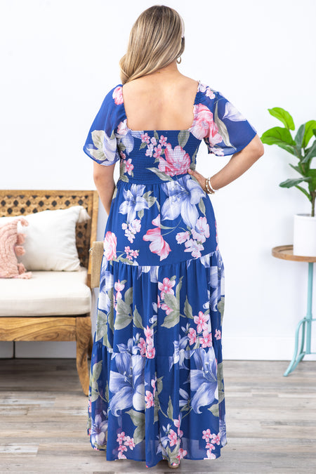 Navy Floral Smocked And Tiered Maxi Dress