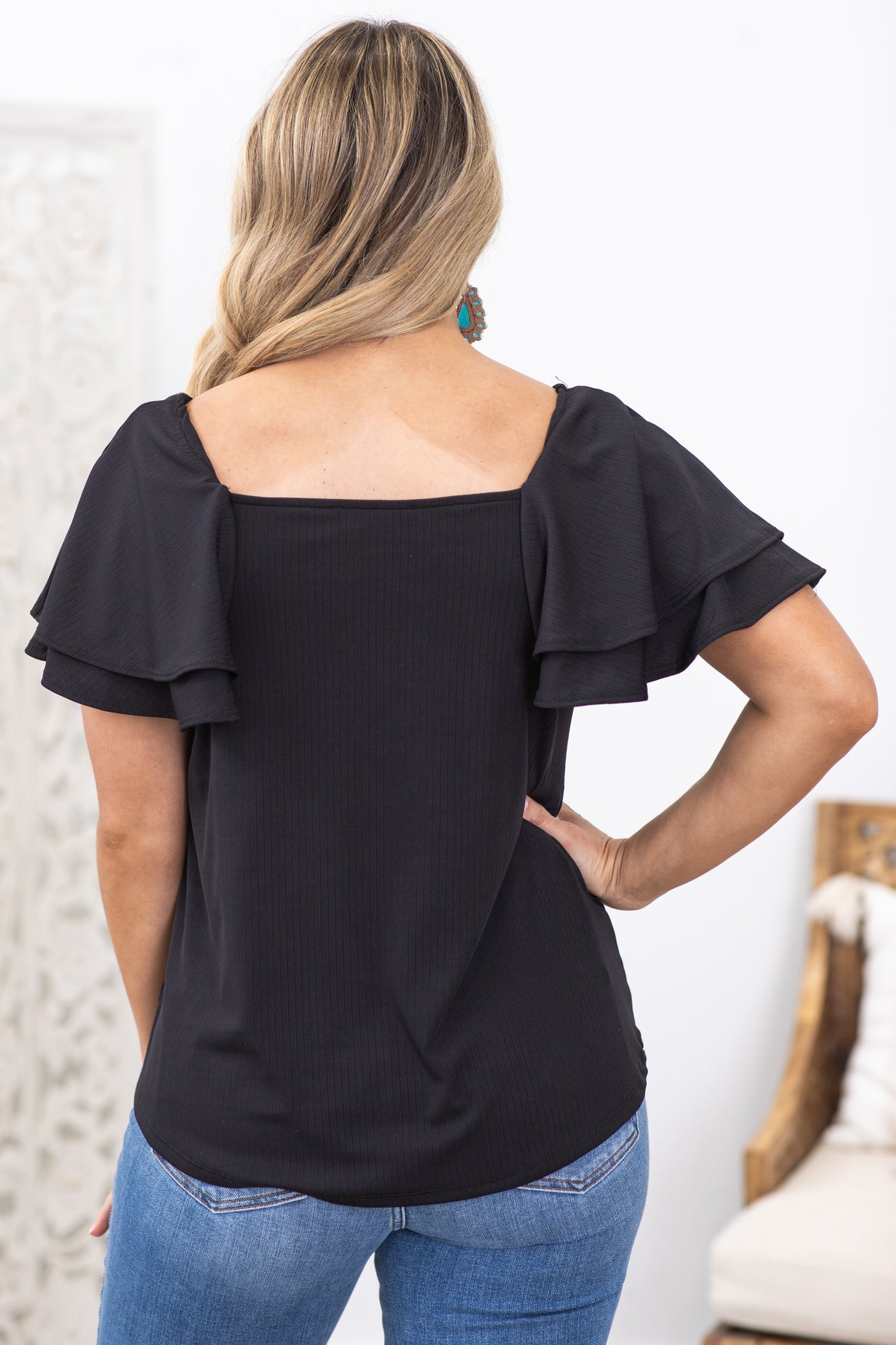 Black Square Neck Ruffle Short Sleeve Knit Top