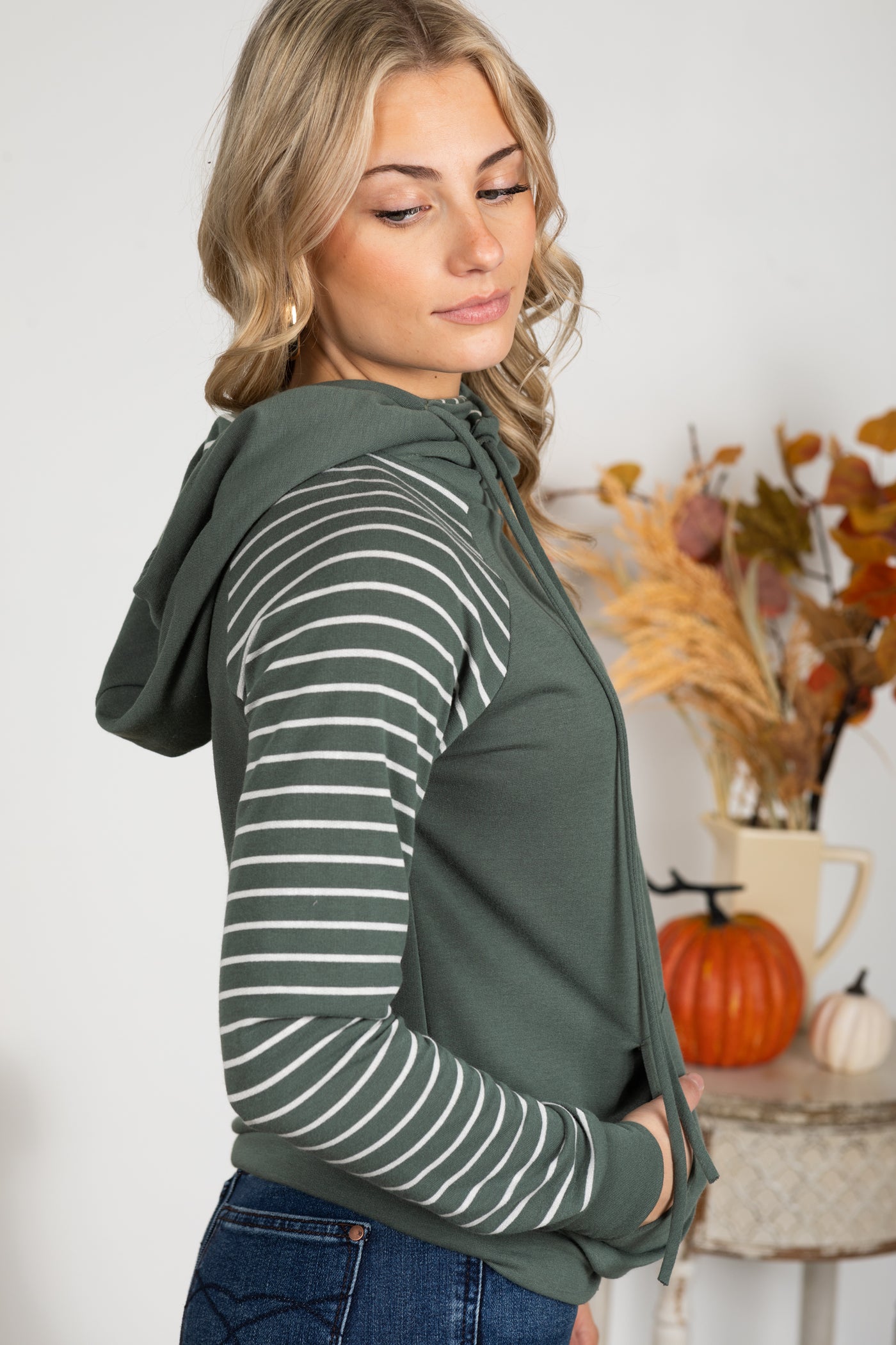 Dusty Olive Stripe Contrast Drawstring Hoodie