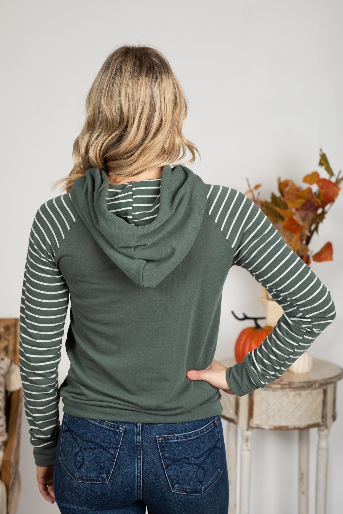 Dusty Olive Stripe Contrast Drawstring Hoodie