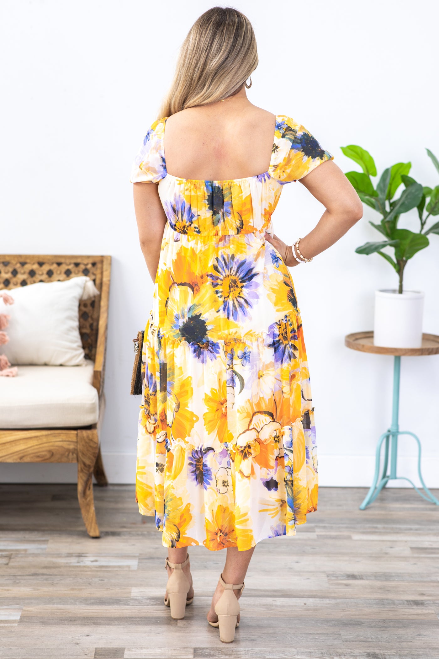 Yellow Floral Print Chiffon Midi Dress