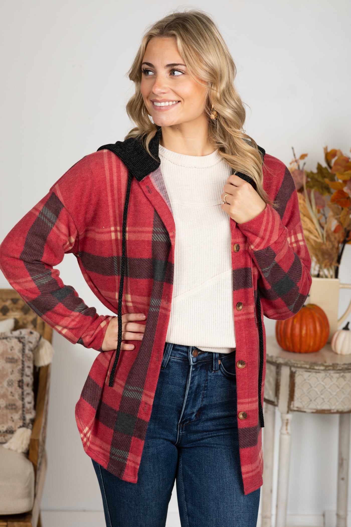 Plaid Button Down Hooded Shacket