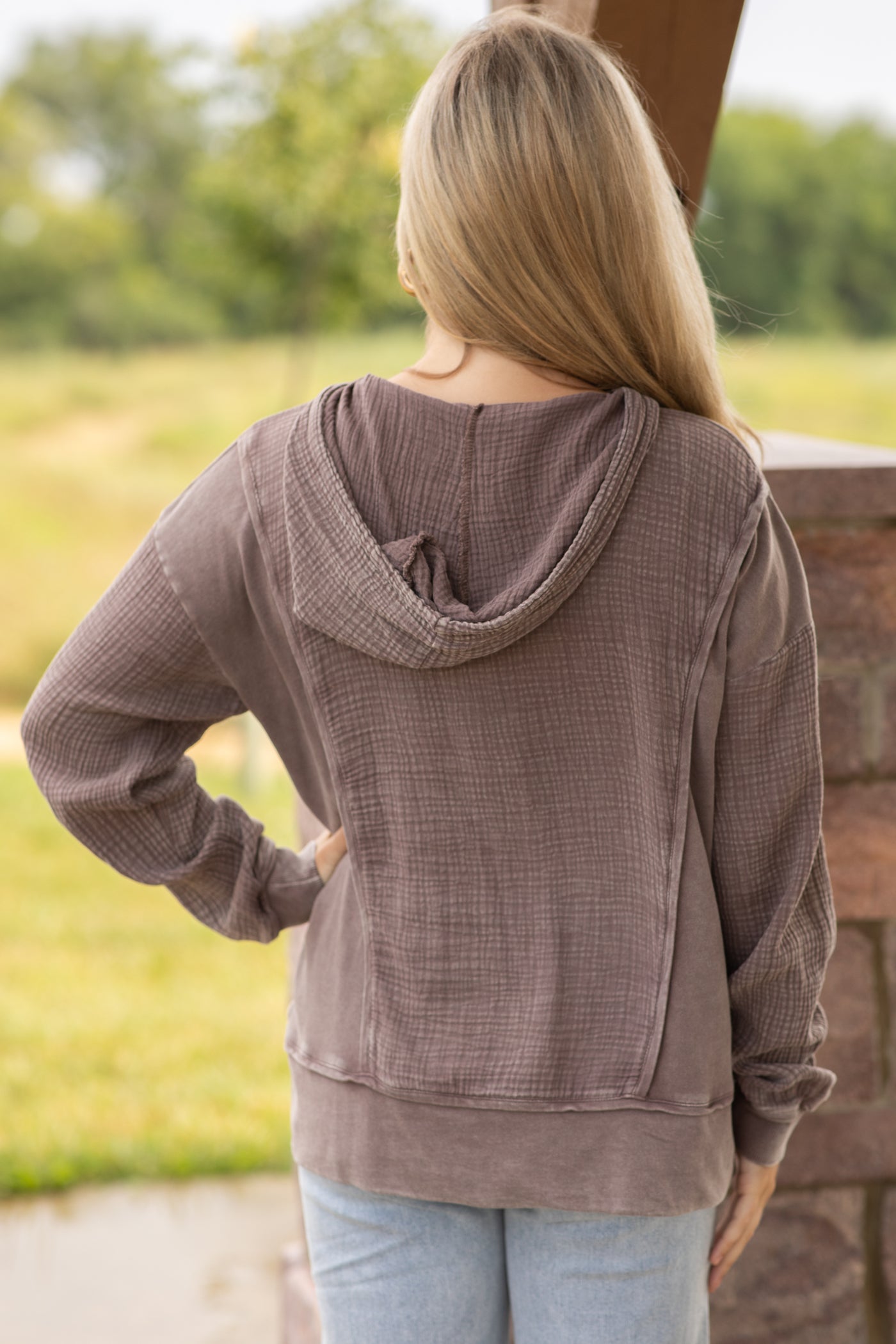 Mocha Mineral Washed Cotton Gauze Hoodie Top