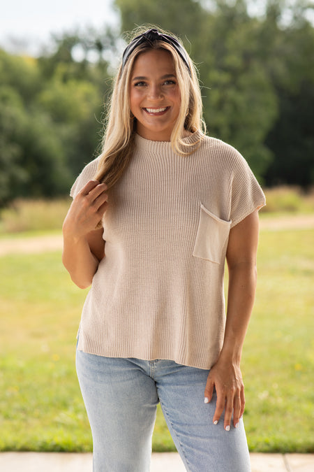 Short Sleeve Sweater Knit Top With Pocket