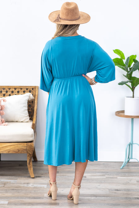 Dusty Teal Surplice Midi Dress