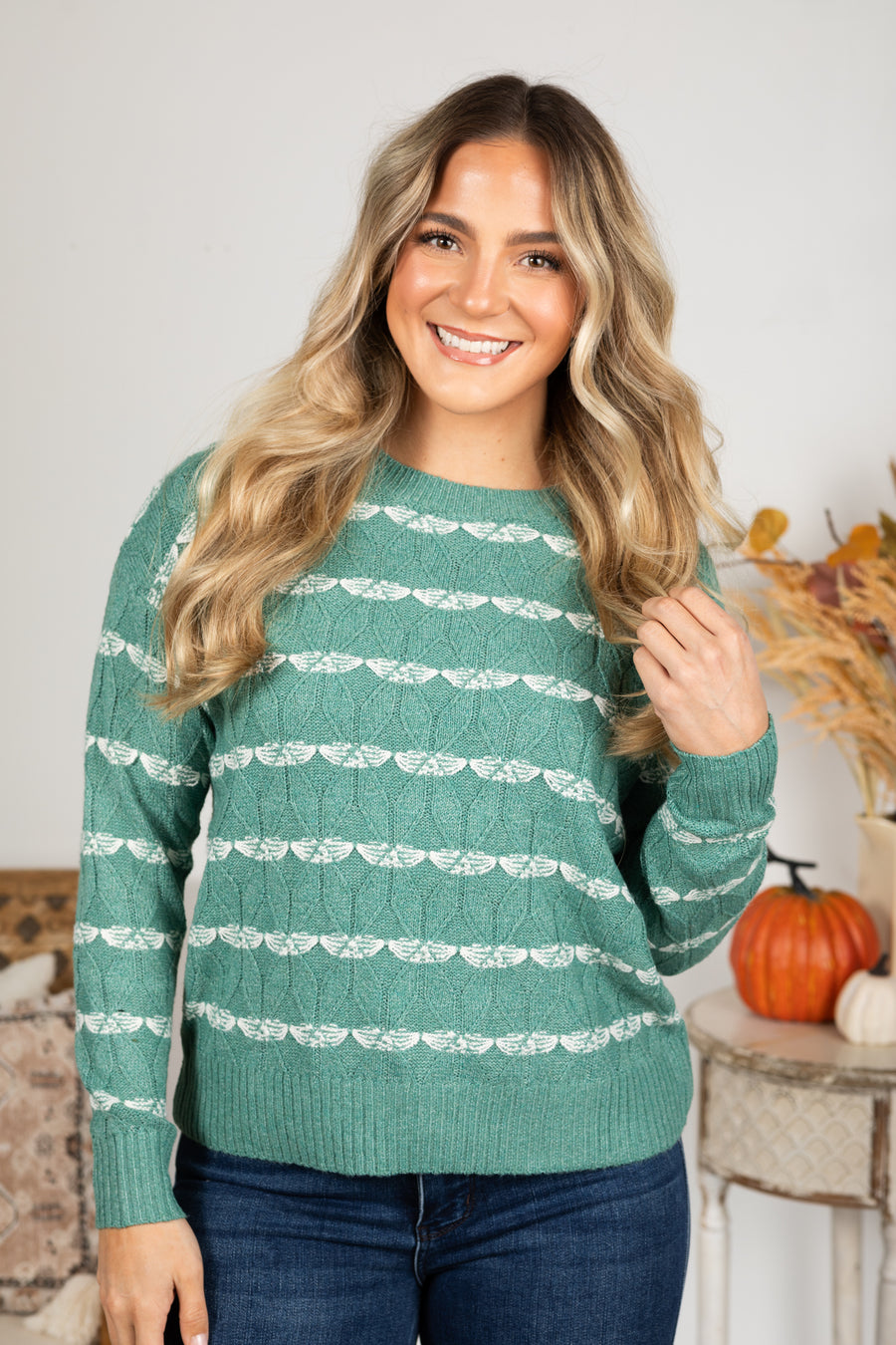 Light Jade Textured Stripe Pullover Sweater