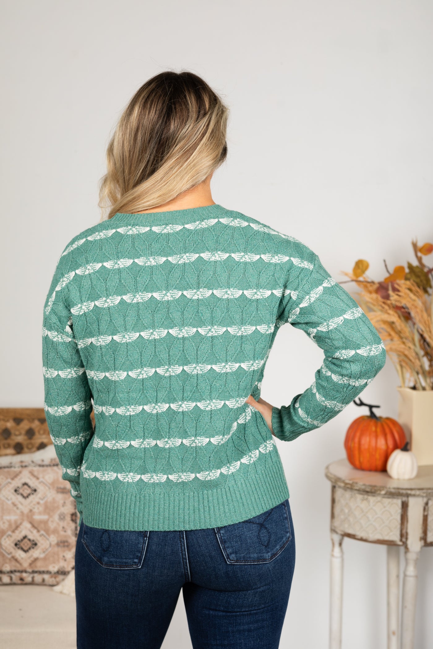 Light Jade Textured Stripe Pullover Sweater