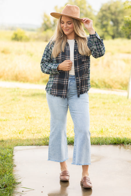 Navy and Teal Mixed Plaid Button Up Top