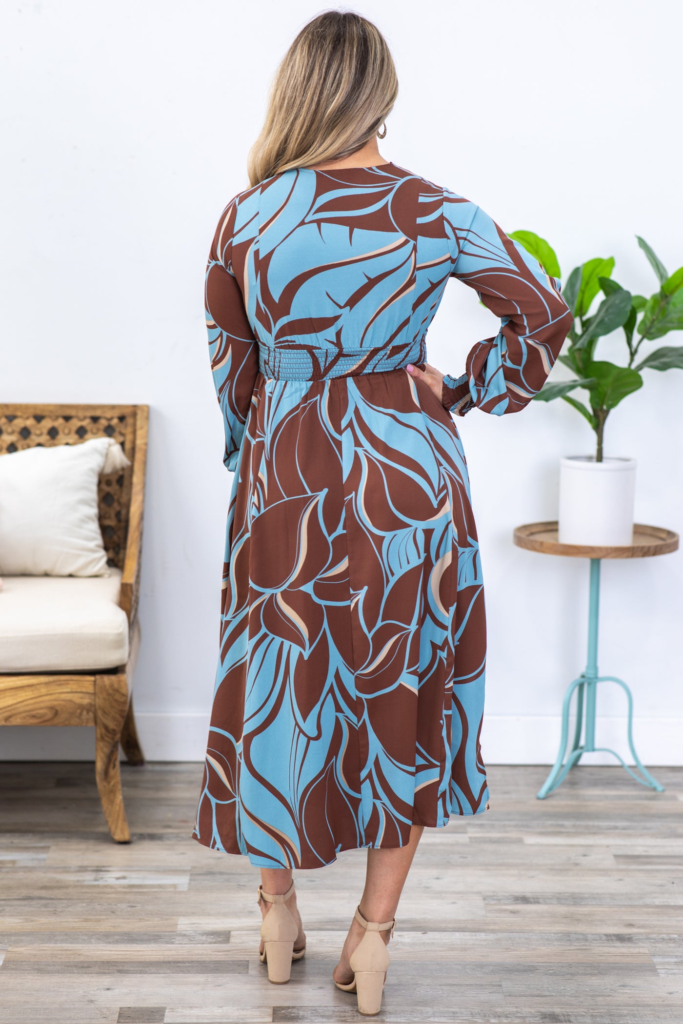 Brown and Dusty Blue Long Sleeve Maxi Dress