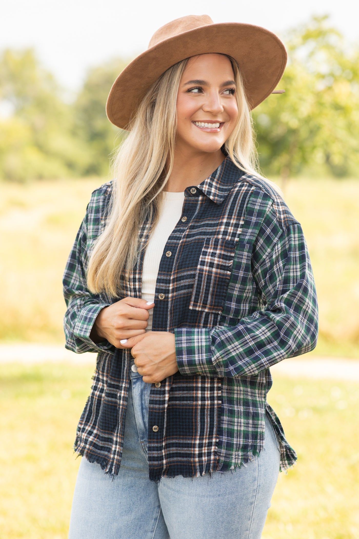 Navy and Teal Mixed Plaid Button Up Top