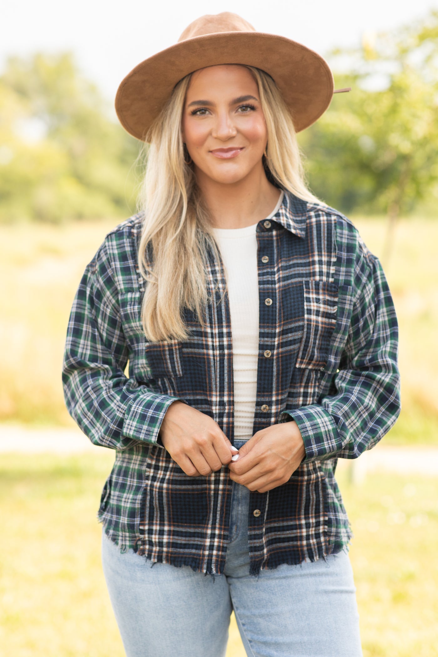 Navy and Teal Mixed Plaid Button Up Top