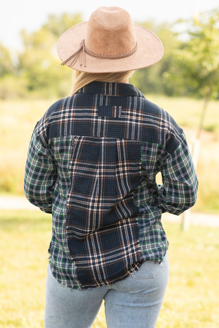 Navy and Teal Mixed Plaid Button Up Top