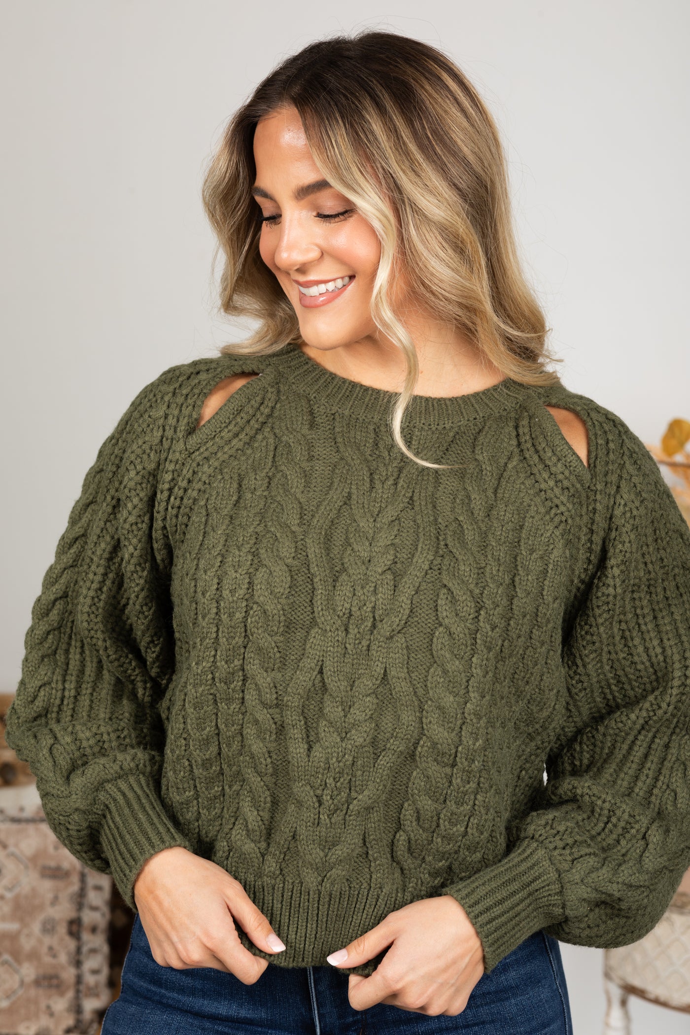 Solid Balloon Sleeve Keyhole Sweater