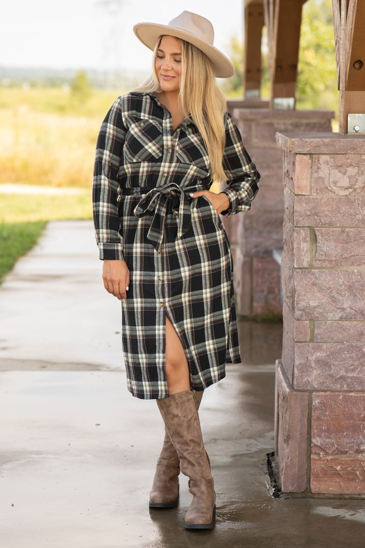 Black and Cream Plaid Self Tie Shirt Dress