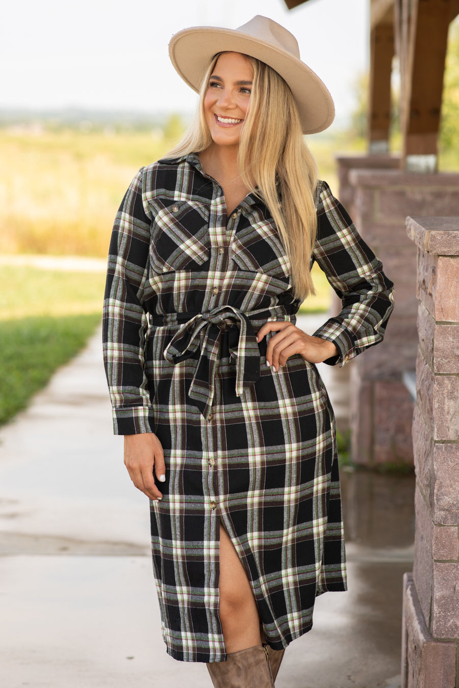 Black and Cream Plaid Self Tie Shirt Dress