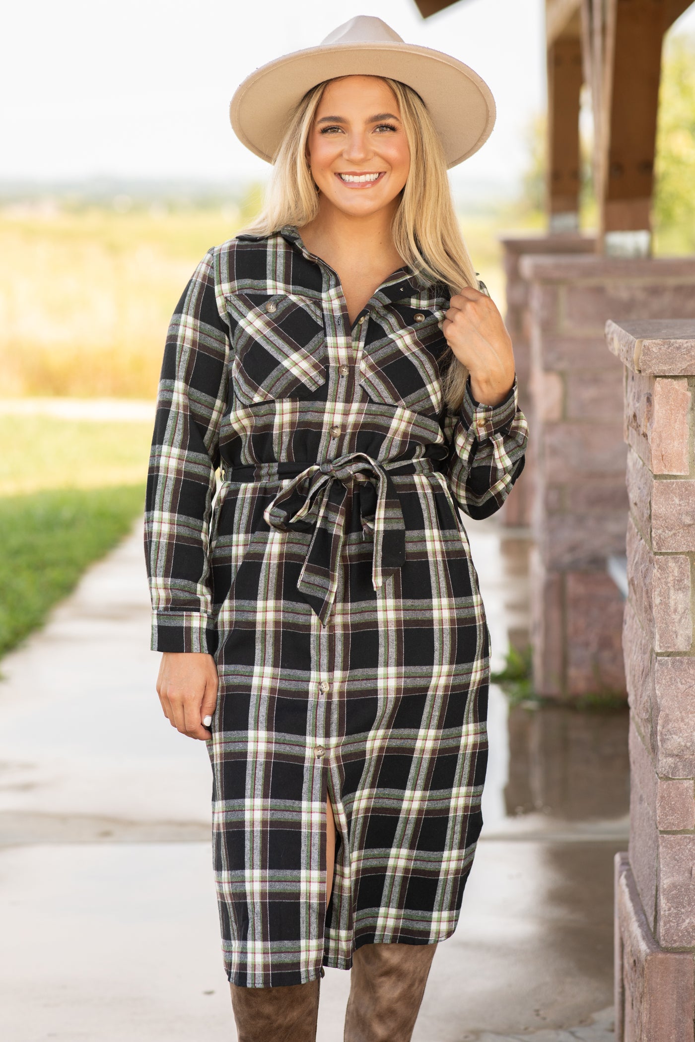 Black and Cream Plaid Self Tie Shirt Dress