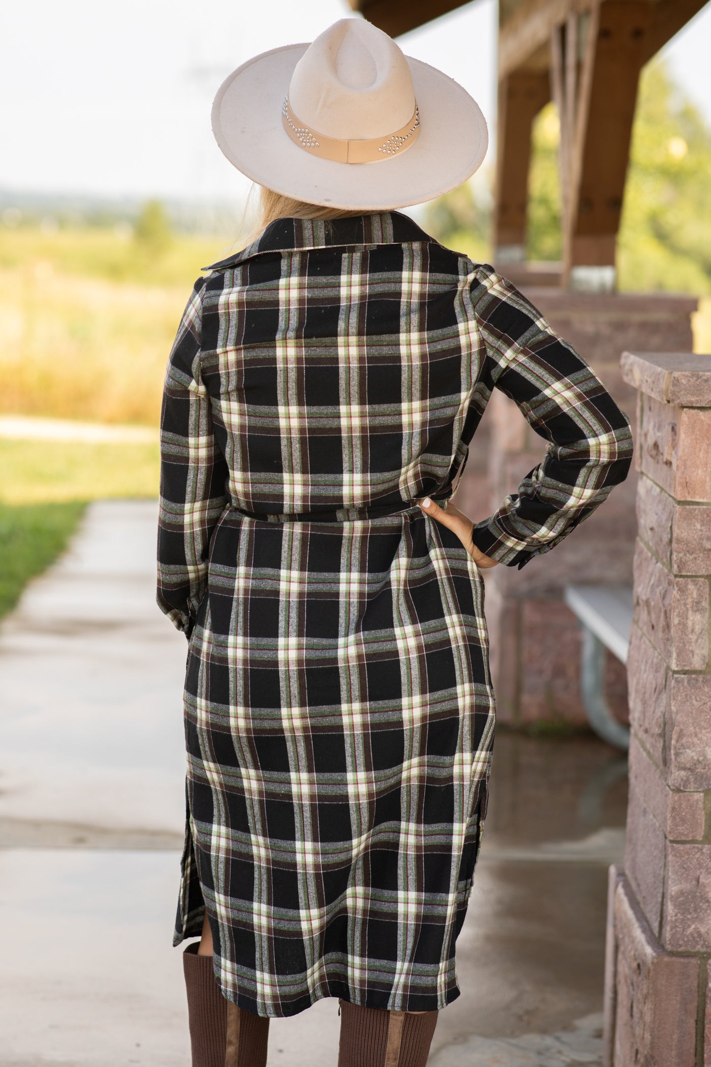 Black and Cream Plaid Self Tie Shirt Dress