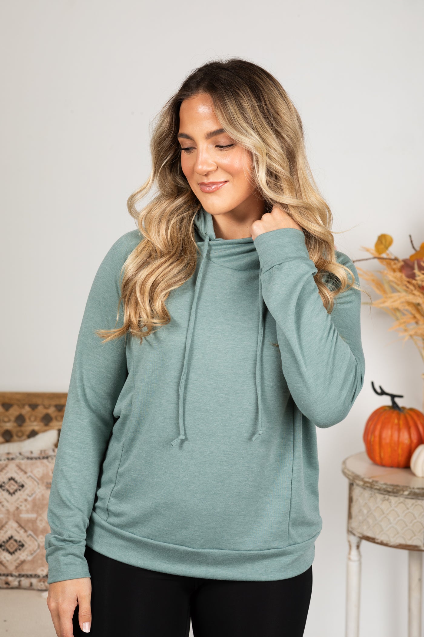 Drawstring Cowl Neck French Terry Knit Top