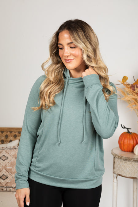 Drawstring Cowl Neck French Terry Knit Top