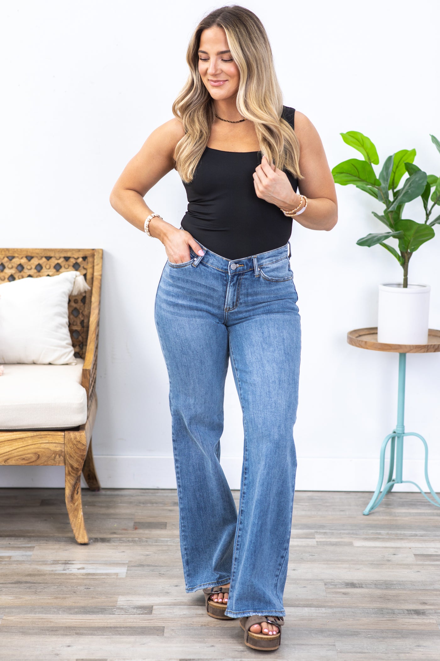 Risen Medium Wash Dipped V Wide Leg Jeans