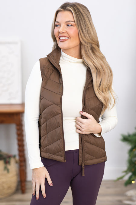 Brown Quilted Zip Up Vest