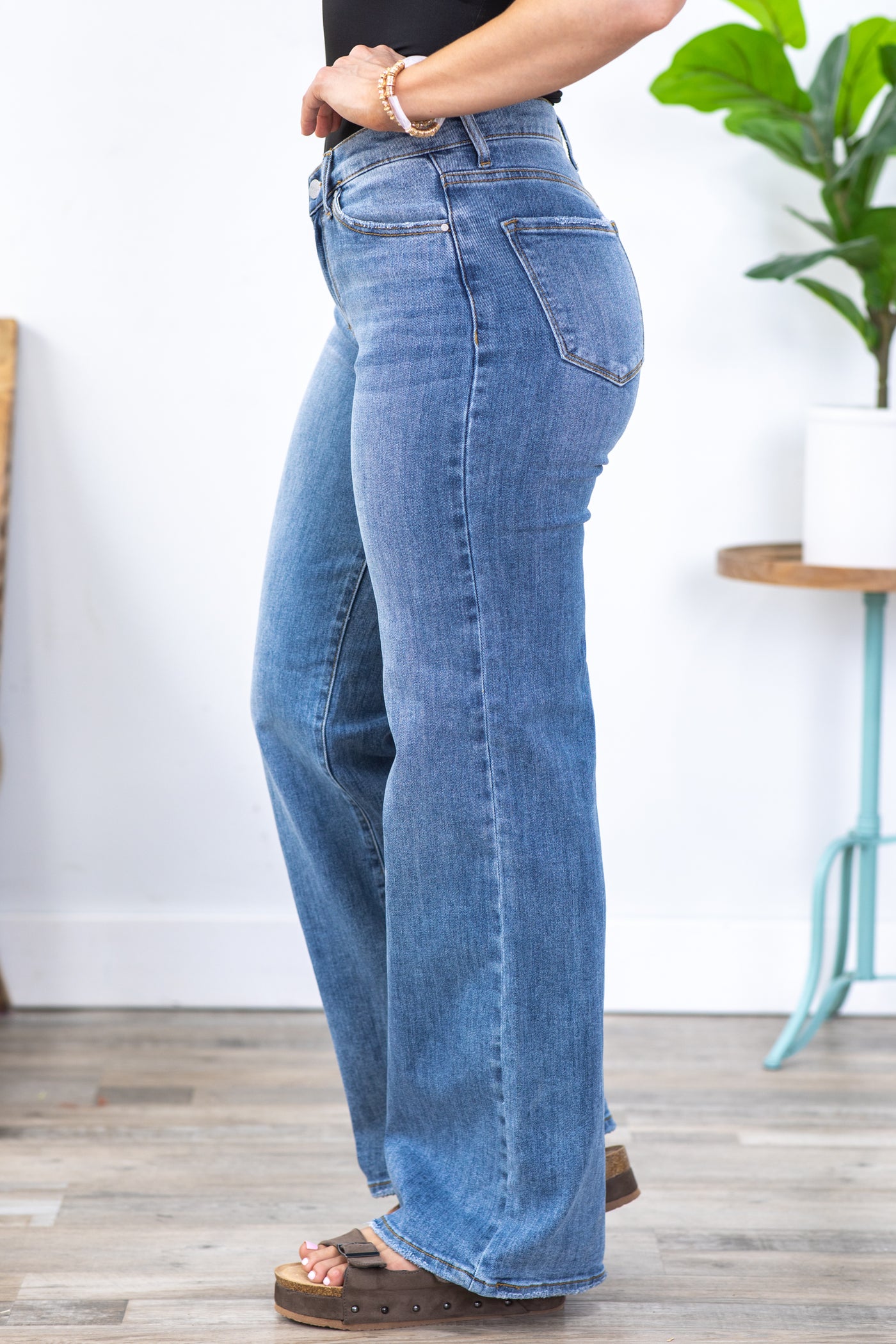 Risen Medium Wash Dipped V Wide Leg Jeans