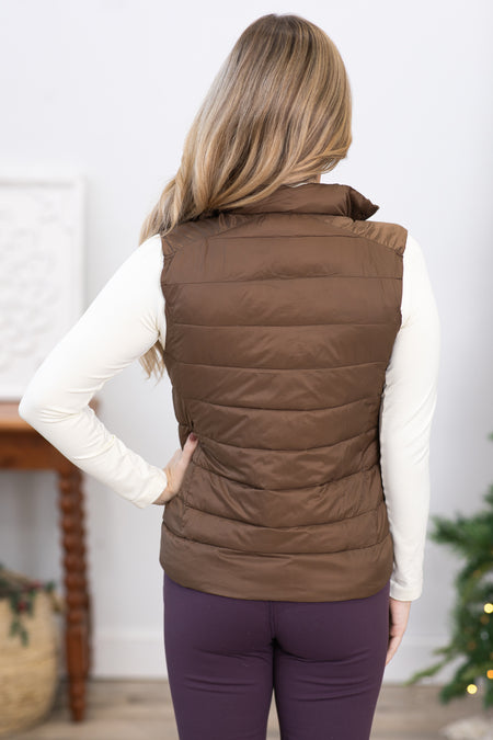 Brown Quilted Zip Up Vest